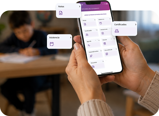 Pantalla de Napsis App mostrando notas, asistencia y agenda escolar